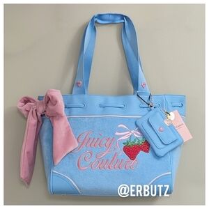 Juicy Couture Blue Gleam Retro Strawberry Tote Y2K Velour Purse & Mini Wallet